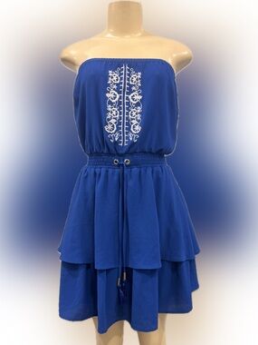 bebe Royal Blue Strapless Embroidered Midi Dress
